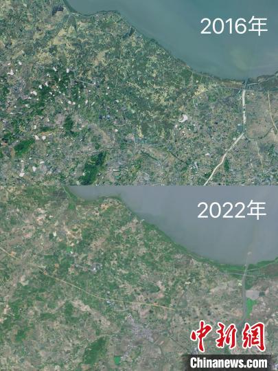 2016年与2022年安徽庐江马尾河国家湿地公园卫星图对比。　星图地球供图。