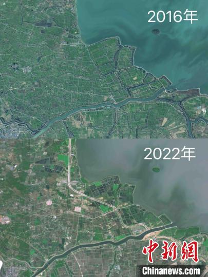 2016年与2022年安徽肥西三河国家湿地公园卫星对比图。　星图地球供图。